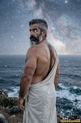 Looking back over his shoulder, a bearded man stands on cliffs under stars