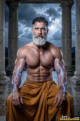A bearded man sits in a yellow robe on a stone terrace with lightning on his arms