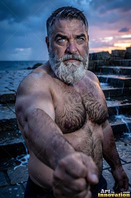 By wet stone steps near the sea, a shirtless man with a gray beard points forward