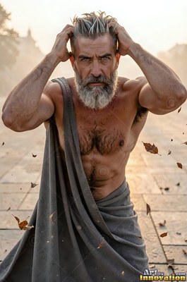 Muscular bearded man in a gray toga holding his hair on a windy stone walkway