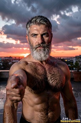 A thick gray beard frames a bare-chested man pointing on a rainy rooftop terrace at sunset