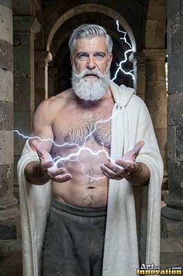 A shirtless, man with a beard wrapped in a white robe holds lightning in his open hands