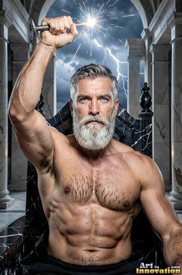 On a stone terrace, a shirtless man with a beard on a dark throne raises a sparking bolt