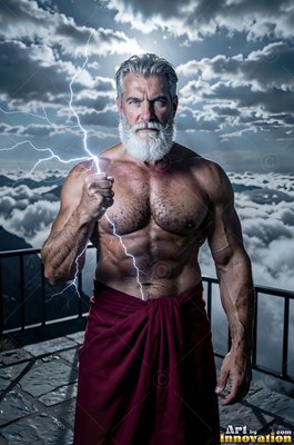 Holding a bolt of lightning, a muscular silver-full-bearded man stands on a stone terrace