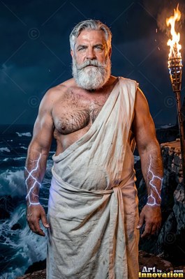 A man who has a beard wearing a white robe with lightning on his arms by a torch