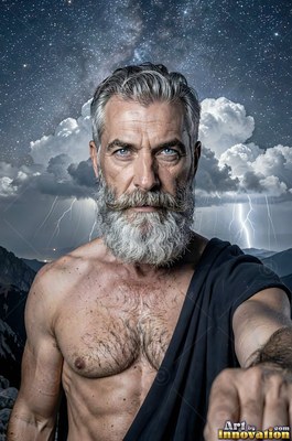 A gray-bearded man with blue eyes stands before dark storm clouds and a starry night sky