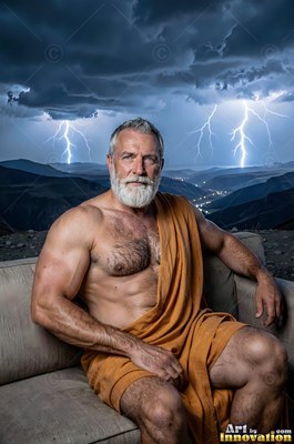 A bearded man sits in a gold cloth under bright lightning flashes