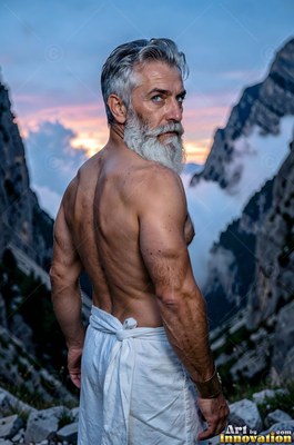 Looking back over his shoulder, a man with a bare chest stands in high mountains