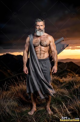 A muscular gray-full-bearded man stands barefoot on a grassy mountain at sunset