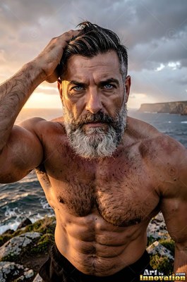 On a rocky sea cliff, a muscular, gray-full-bearded man touches his dark hair