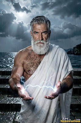 Holding lightning between his hands, an older man sporting a beard stands in a white robe by the sea