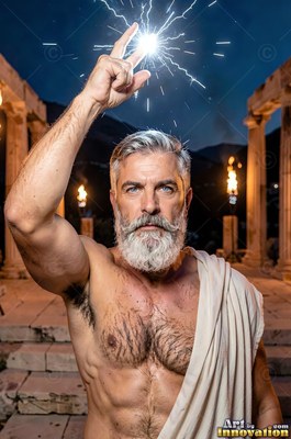 A man sporting a beard wearing a white toga holding lightning in his hand