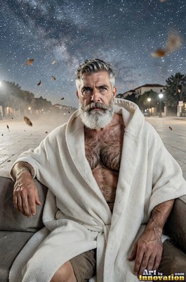 Wearing an open white robe, a gray-full-bearded man sits in a chair under a starry sky