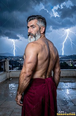 A gray-bearded man looks back on a wet terrace as white lightning strikes the dark sky
