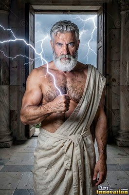 Facing forward in a stone doorway, a man sporting a beard in a toga holds lightning