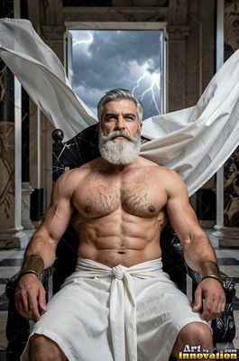 Sitting on a black chair, a muscular gray-bearded man poses before a stormy sky