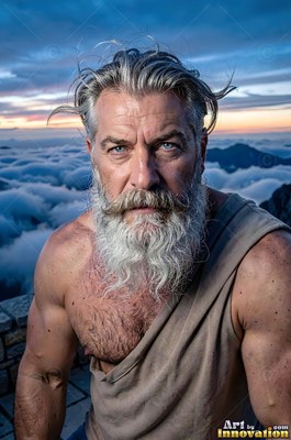 A silver-bearded man standing above mountain clouds at dusk