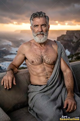 A gray cloth draped over his shoulder, a silver-man who has a beard sits on a stone terrace by the ocean