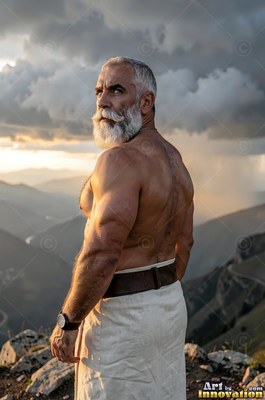 A silver-man with a beard stands shirtless on a mountain peak in the warm sunset light