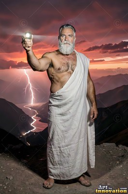 Standing full-length on a mountain, a man sporting a beard in a white robe holds a bright orb