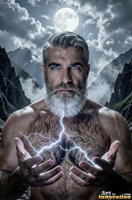 A bare-chested man with a gray beard holds bright lightning between his hands in the mountains
