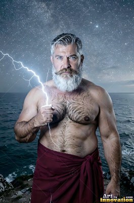 Holding a white lightning bolt, a silver-bearded man stands by the night sea in a red wrap