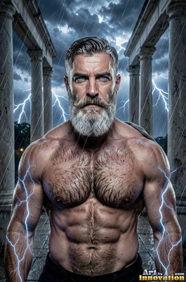 Broad-shouldered man with a silver beard under lightning in the rain