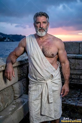 Wrapped in off-white linen, a silver-bearded man stands on a wet stone terrace above the sea at dusk