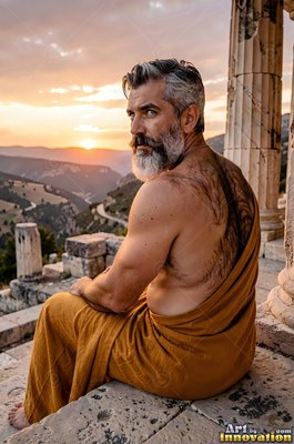 A man with a beard sits on stone ruins looking back into the warm orange sunset