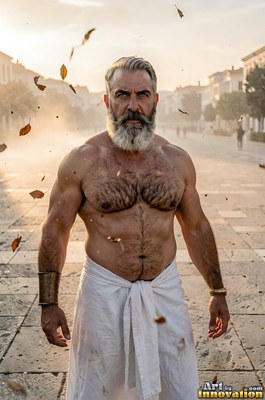 Standing front and center on a stone street, a muscular gray-haired man sporting a beard draped in a white wrap