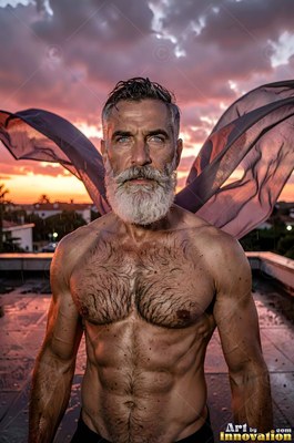 A shirtless muscular man with a white beard stands outside under an orange sunset