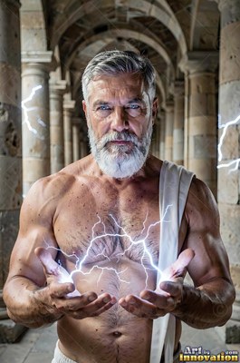 A man who has a beard holding crackling lightning between his open hands