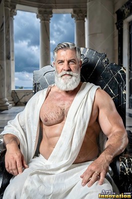 A full white beard frames the face of a well-built man sitting on a terrace under dark storm clouds