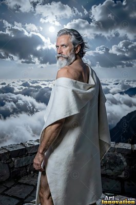 A bearded man in a white robe looks back over his shoulder in bright moonlight