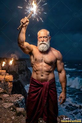 Standing on a rocky cliff, an unclothed-torso man with a beard holds up a burning torch