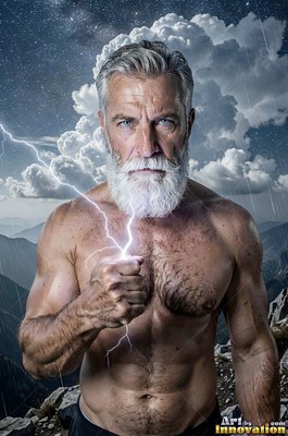 A shirtless older man holds white lightning in his fist before storm clouds