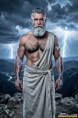 On a rocky peak, a bearded man in a linen wrap stands before stormy lightning