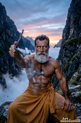Kneeling on a rocky peak, a muscular bearded man with pale eyes points a bolt forward