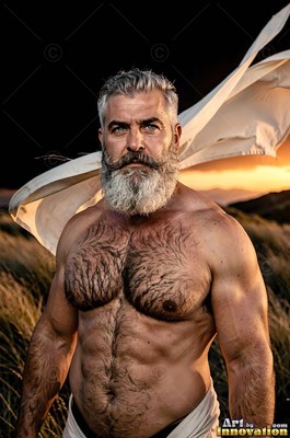 Shirtless man with a silver beard standing in a windy field