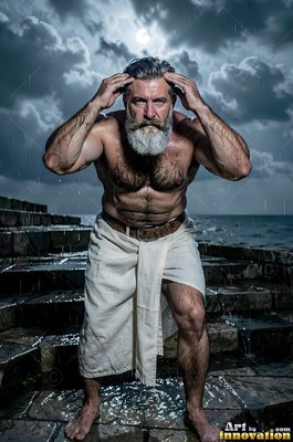 Crouched on wet stone steps by the sea, a bearded man touches his head in the rain