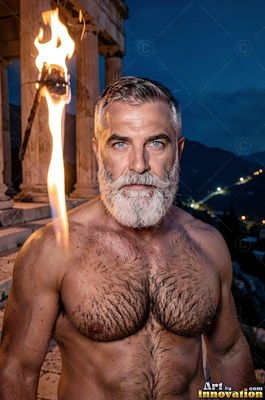A shirtless, gray-bearded man stands near stone pillars beside a torch flame at dusk