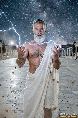 Under a starry night sky, a man with a beard in a white robe holds lightning in his hands