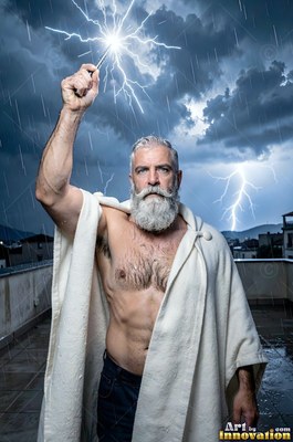 Holding a lightning bolt overhead, a bearded man in a white cloak stands in the rain