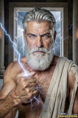 A man sporting a beard clenching his fist as lightning sparks around him