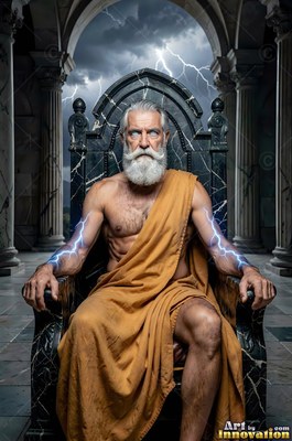 Seated on a dark stone throne on a terrace, an older man with blue lightning on his arms