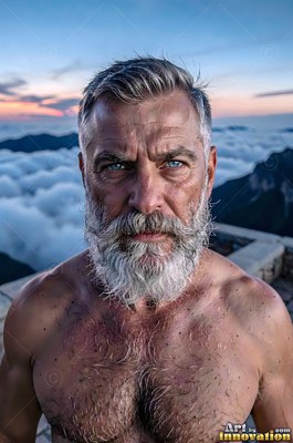 A shirtless, gray-haired man with a beard with blue eyes stands on a mountain terrace above the clouds