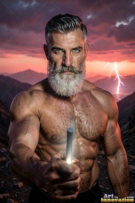 In the mountains before a storm, a muscular bearded man holds out a bright rod