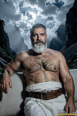 Sitting outside, a shirtless broad-shouldered man with a gray beard rests under clouds