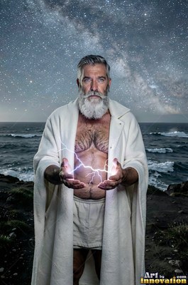 In a loose white robe by the dark sea, a gray-bearded man holds lightning under starry skies