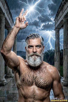 A shirtless man raises two fingers to summon bright white lightning in the rain